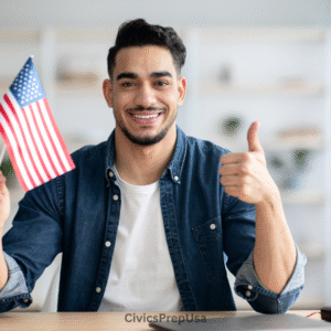 Smiling man holding an American flag with the CivicsPrepUSA logo.
