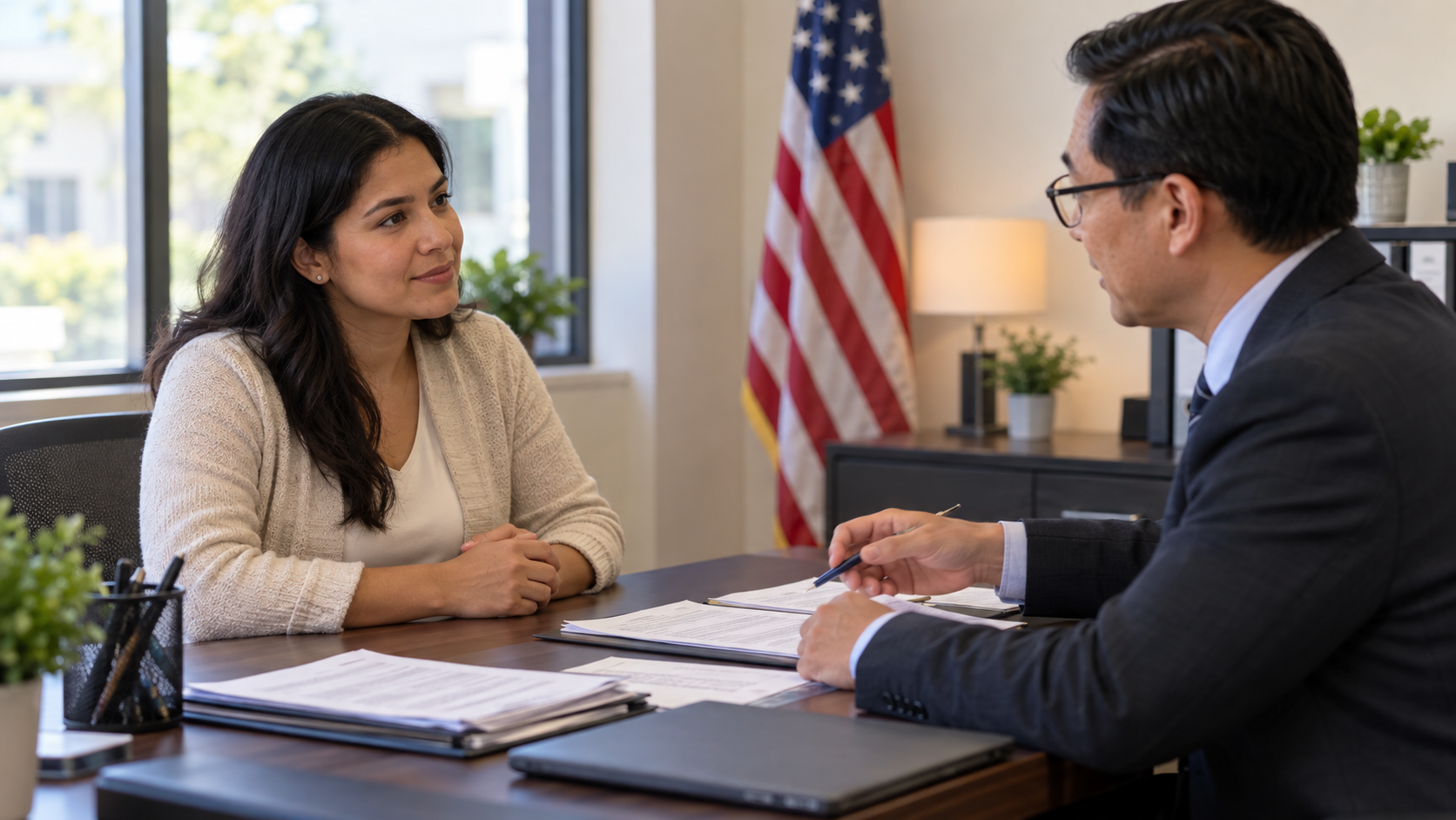 Applicant listening to a USCIS officer during a naturalization interview while reviewing Form N-400 questions.